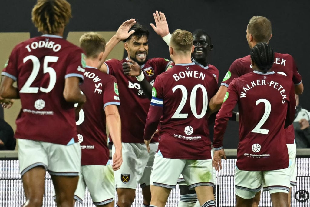 Lucas Paqueta and Jarrod Bowen celebrate during West Ham United vs Wolves in the Carabao Cup