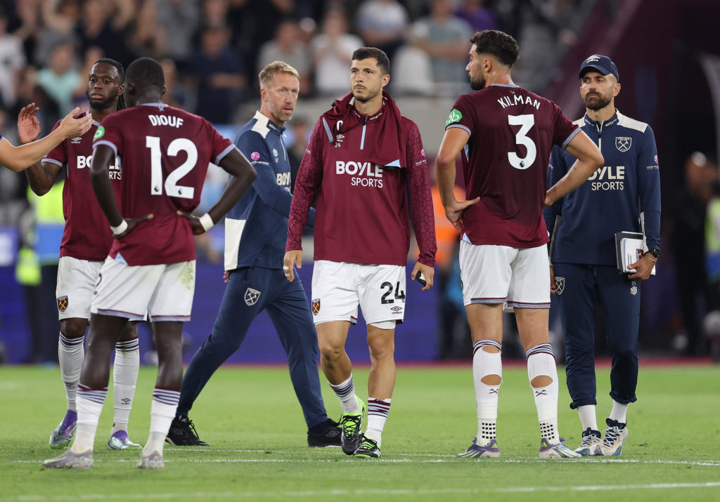 West Ham head coach Graham Potter looks shellshocked after the thrashing to Chelsea