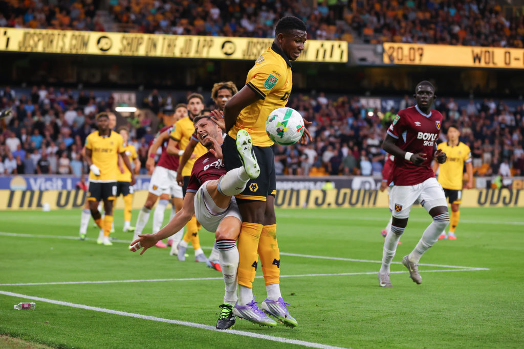 Guido Rodriguez falls during Wolverhampton Wanderers v West Ham United - Carabao Cup Second Round