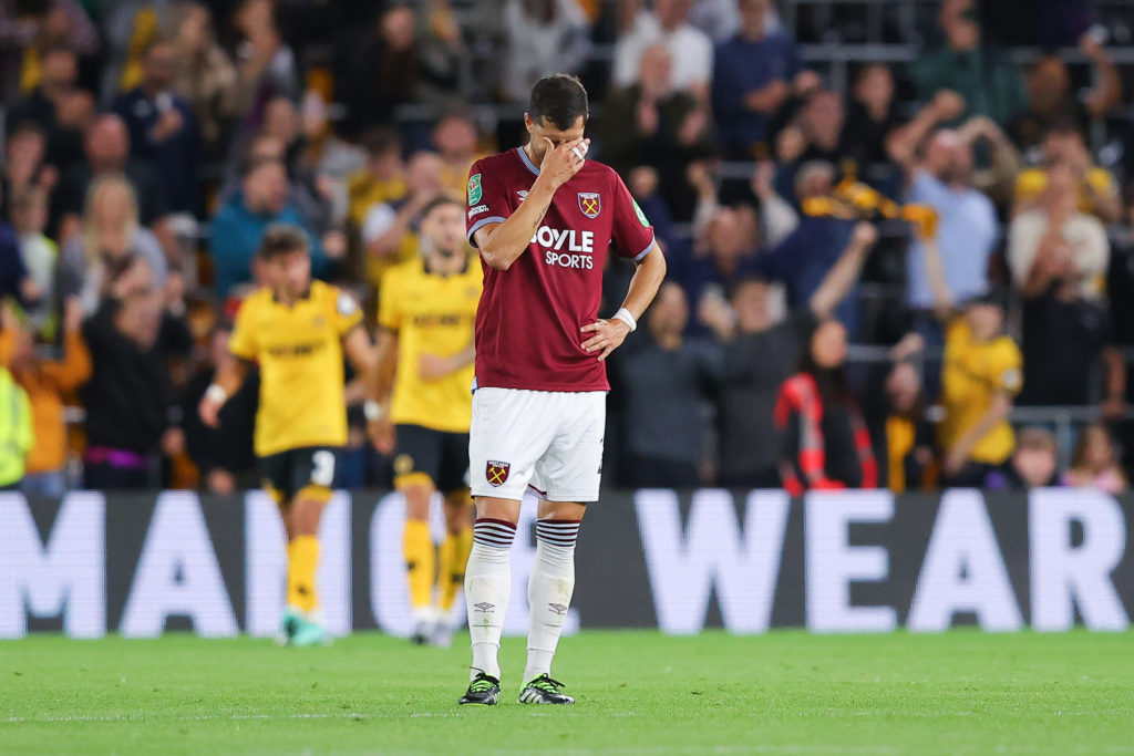 Guido Rodriguez dejected after Wolverhampton Wanderers v West Ham United - Carabao Cup Second Round
