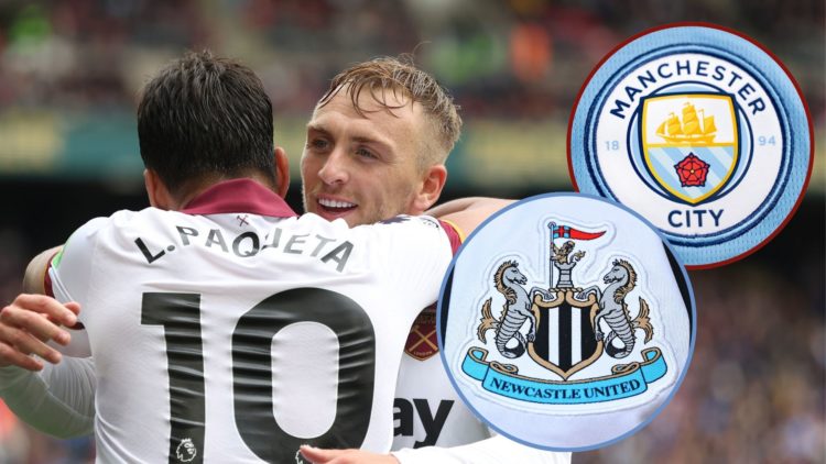 Main image, West Ham United's Jarrod Bowen celebrates scoring his side's second goal with Lucas Paqueta during the Premier League match between Cry...