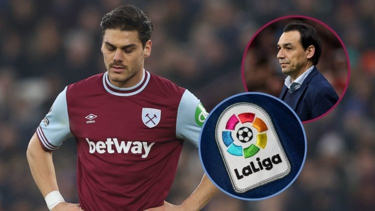 Main image, Konstantinos Mavropanos of West Ham United reacts after being shown a red card by referee Thomas Bramall during the Premier League matc...