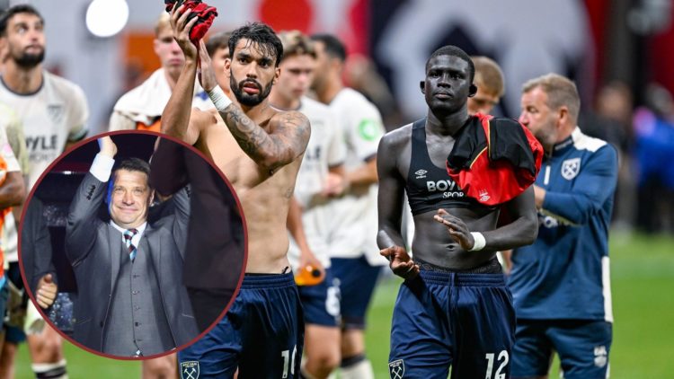 Main image, West Ham players Lucas Paqueta #10 and El Hadji Malick Diouf #12 acknowledge the fans following the conclusion of the Premier League Su...