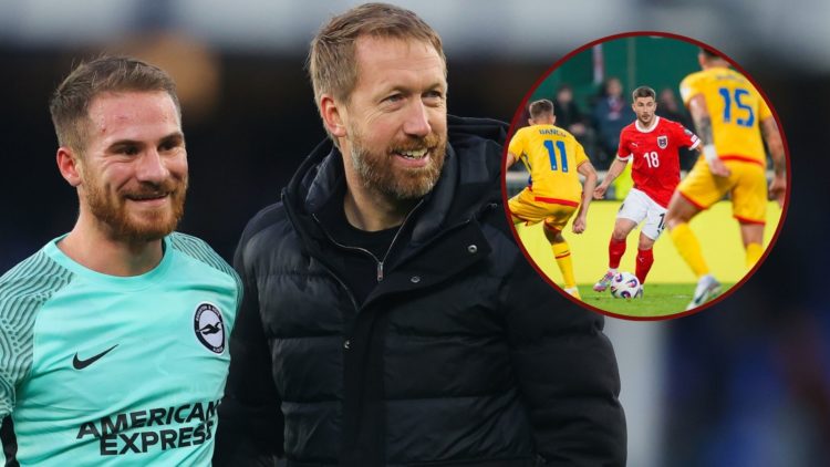 Main image, Graham Potter, manager of Brighton, celebrates with goal scorer Alexis Mac Allister of Brighton after the Premier League match between ...