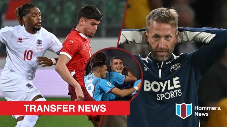 Split image showing Switzerland U21 defender Albian Hajdari, West Ham United coach Graham Potter, and Roberto Piccoli at Cagliari