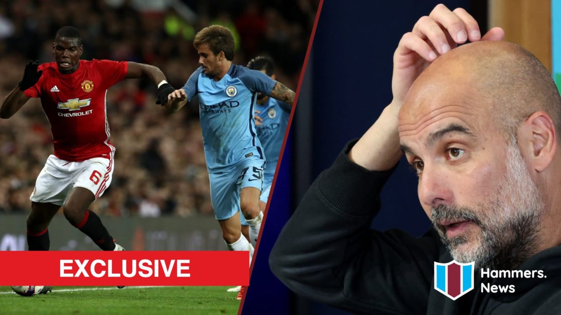Split image showing Aleix Garcia in action against Paul Pogba and Manchester City coach Pep Guardiola