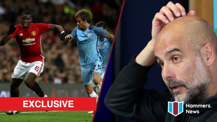 Split image showing Aleix Garcia in action against Paul Pogba and Manchester City coach Pep Guardiola