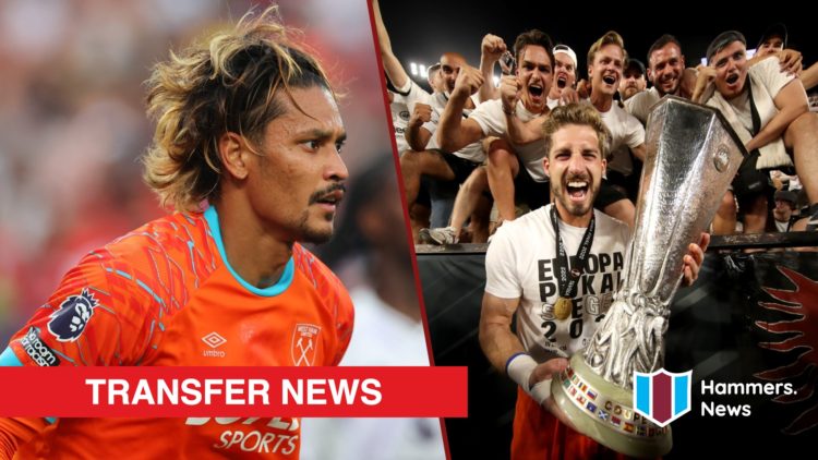 Split image showing West Ham United goalkeeper Alphonse Areola and new Paris FC signing Kevin Trapp celebrating winning the Europa League with Eint...
