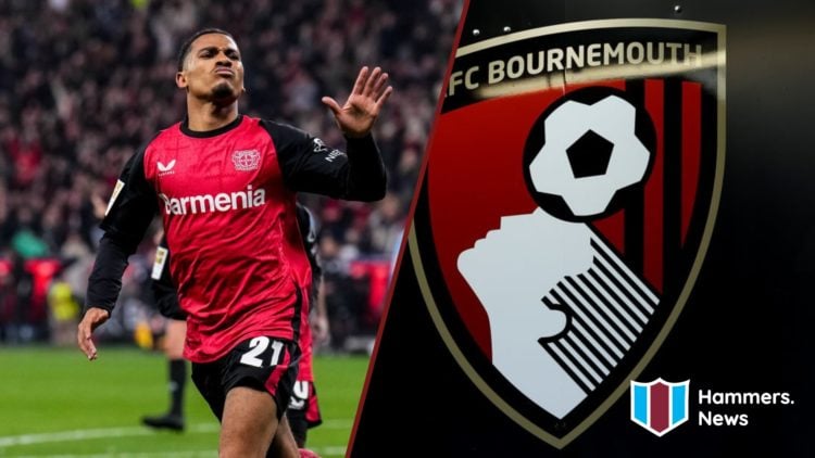Split image showing Bayer Leverkusen attacker Amine Adli and the AFC Bournemouth badge