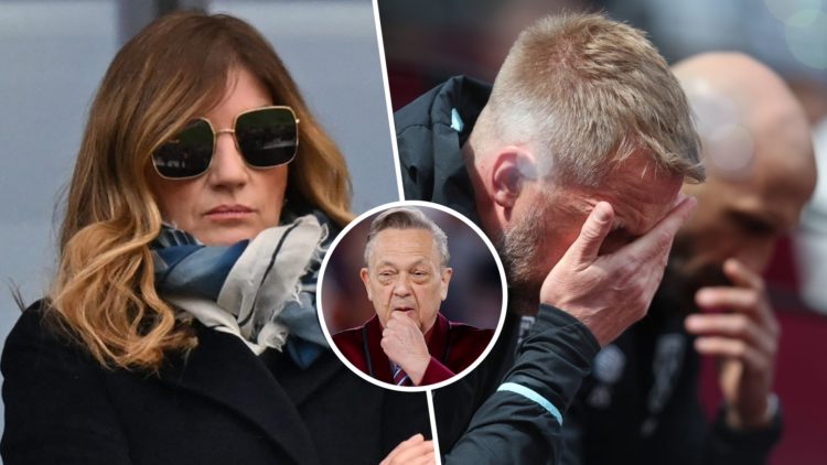 West Ham vice-chair Karren Brady watches on from the director's box and a dejected Graham Potter holds his hand to his face. Inset, Hammers chief D...