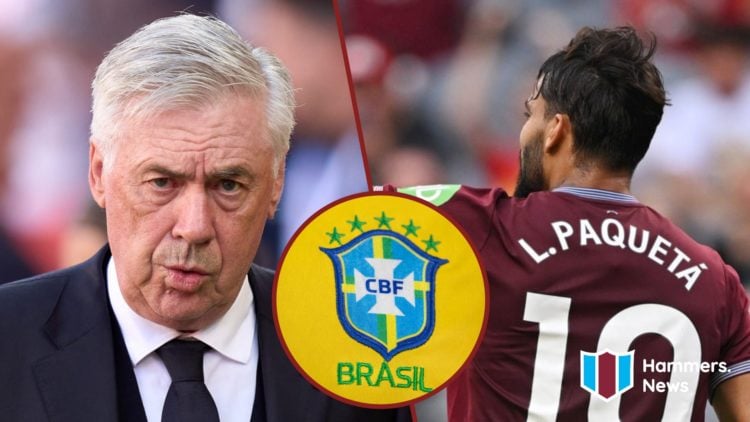 Split image showing Brazil coach Carlo Ancelotti, West Ham ace Lucas Paqueta, and the Selecao logo