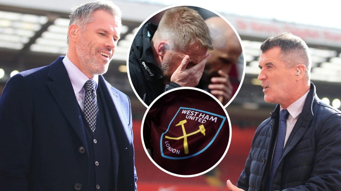 Sky Sports pundits Jamie Carragher and Roy Keane exchange views on the pitch. Inset, a dejected West Ham head coach Graham Potter and the Hammers flag