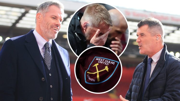 Sky Sports pundits Jamie Carragher and Roy Keane exchange views on the pitch. Inset, a dejected West Ham head coach Graham Potter and the Hammers flag