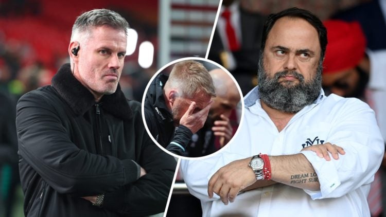 Sky Sports pundit Jamie Carragher and Nottingham Forest owner Evangelos Marinakis watch on. Inset, a dejected West Ham head coach Graham Potter
