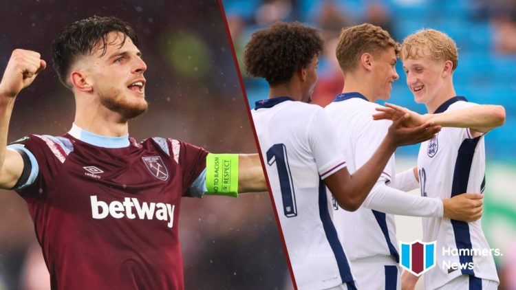 Split image showing former West Ham captain Declan Rice and Airidas Golambeckis playing for England's U18s