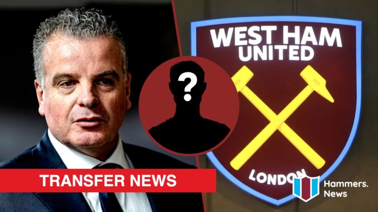Split image showing Feyenoord director Dennis te Kloese and the West Ham United badge outside the London Stadium