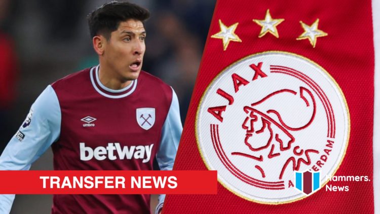 Split image showing West Ham United midfielder Edson Alvarez and the Ajax badge