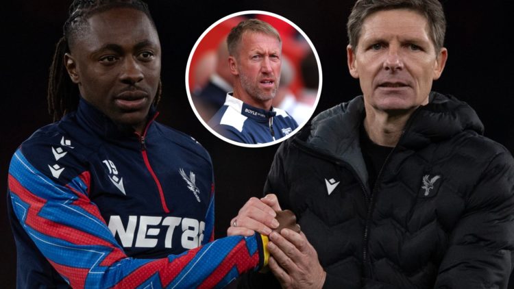 Eberechi Eze with Oliver Glasner before leaving Crystal Palace. Inset, West Ham head coach Graham Potter