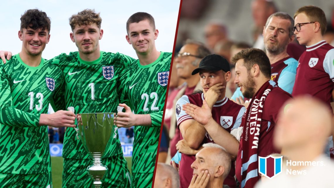 Split image showing Fin Herrick on England youth duty and the West Ham United fans