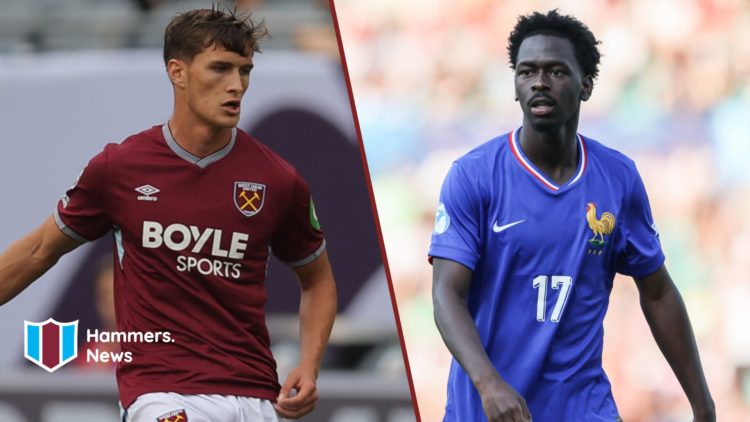 Split image showing West Ham United midfielder Freddie Potts and Monaco's Soungoutou Magassa playing for France