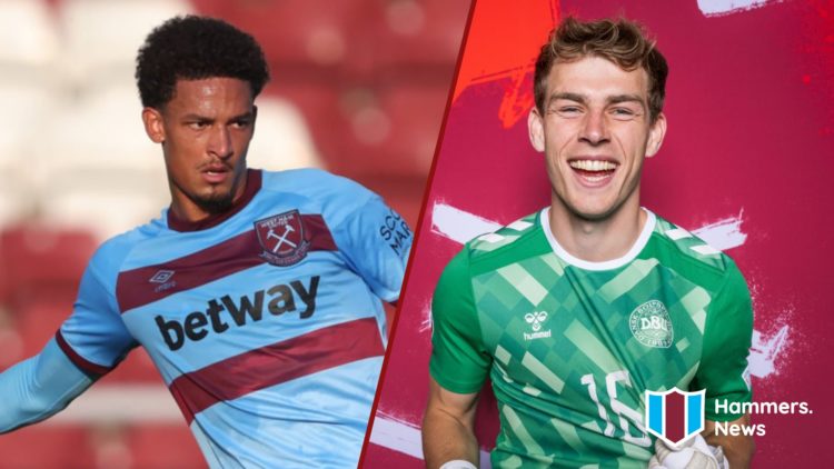 Split image showing Brondby defender Frederik Alves playing for West Ham and Mads Hermansen on Denmark duty
