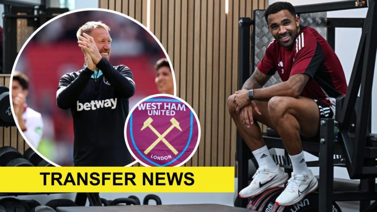 Striker Callum Wilson trains in the gym. Inset, West Ham head coach Graham Potter applauds and the Hammers badge.
