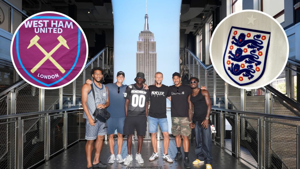 Jean-Clair Todibo with his West Ham teammates in New York. Inset, the England and Hammers badges