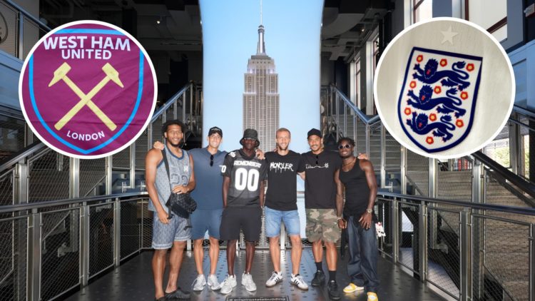 Jean-Clair Todibo with his West Ham teammates in New York. Inset, the England and Hammers badges