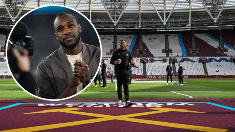 Callum Wilson walks across the West Ham badge at the London Stadium. Inset, striker Michail Antonio