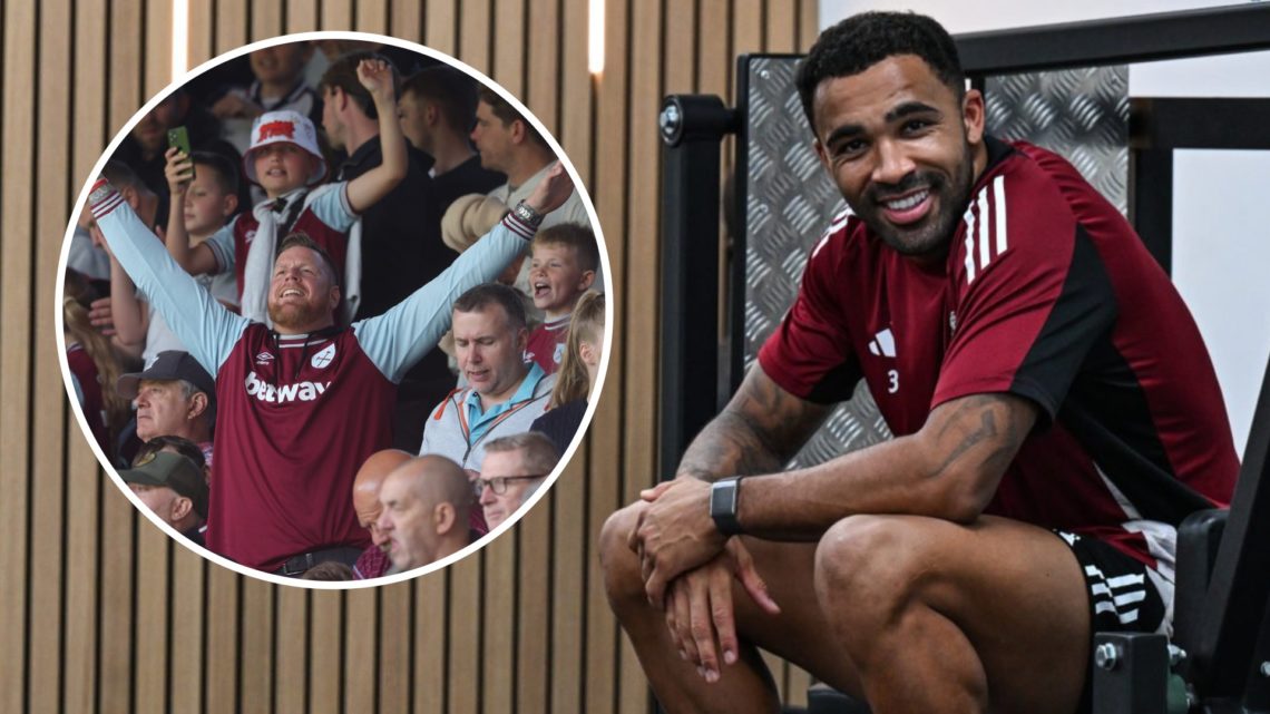 Striker Callum Wilson in the gym. Inset West Ham fans in the crowd