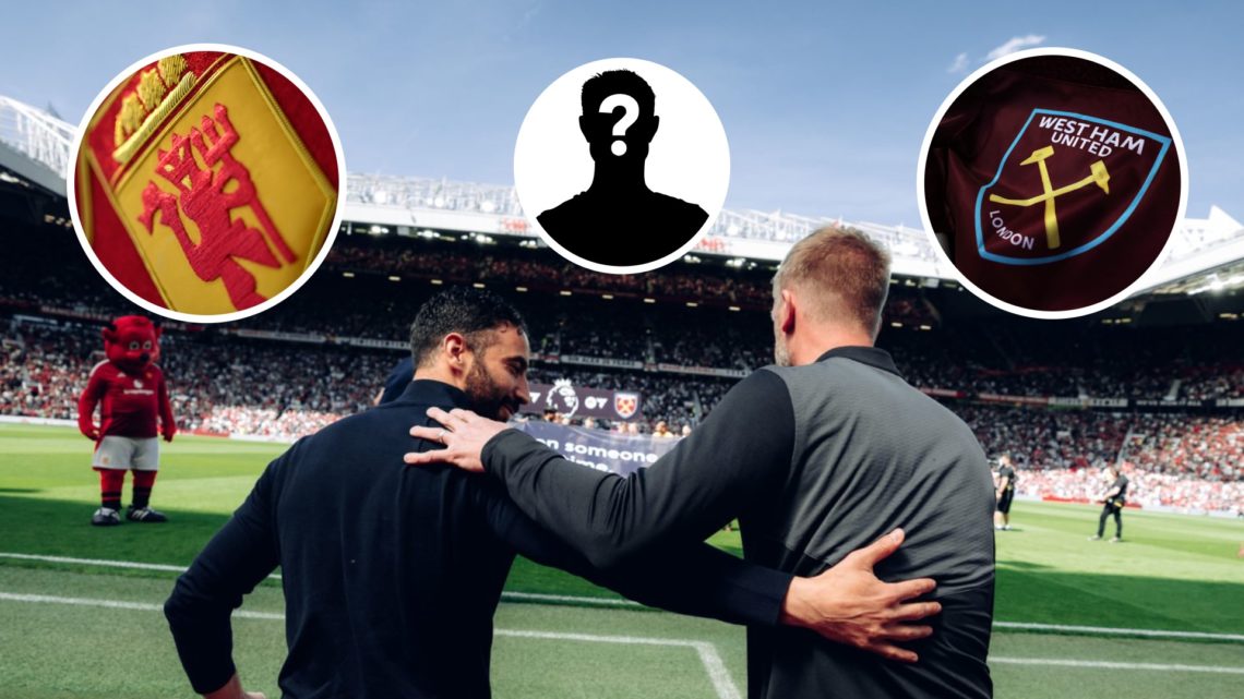 Man United boss Ruben Amorim embraces West Ham head coach Graham Potter on the touchline at Old Trafford. Inset, the Man United and Hammers badges