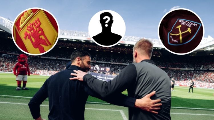 Man United boss Ruben Amorim embraces West Ham head coach Graham Potter on the touchline at Old Trafford. Inset, the Man United and Hammers badges