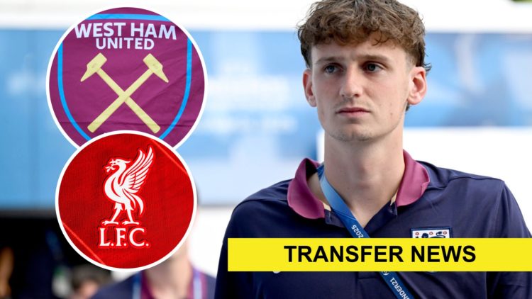 Tyler Morton representing England Under 21s. Inset, the West Ham and Liverpool badges