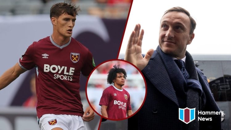 Split image showing West Ham director Mark Noble, plus youngsters Freddie Potts and Preston Fearon