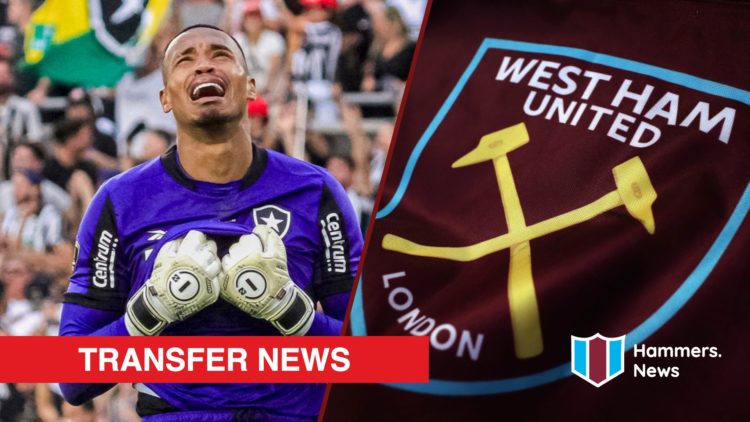 Split image showing Botafogo goalkeeper John Victor and a West Ham badge
