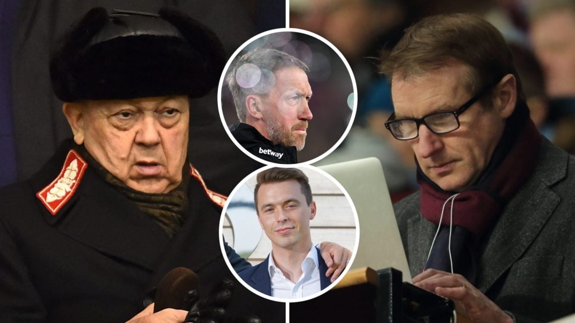 West Ham chief David Sullivan and top journalist Henry Winter. Inset, Hammers head coach Graham Potter and head of recruitment Kyle Macaulay
