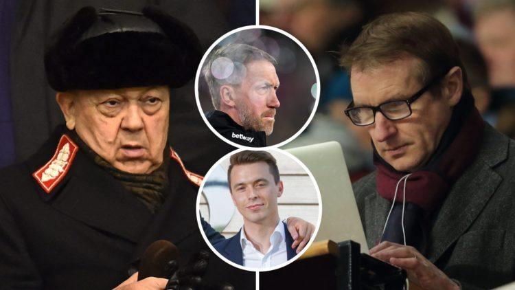West Ham chief David Sullivan and top journalist Henry Winter. Inset, Hammers head coach Graham Potter and head of recruitment Kyle Macaulay