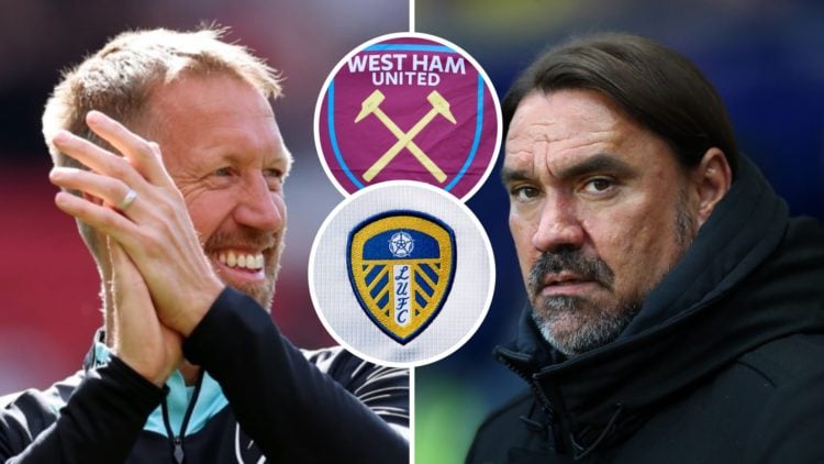 West Ham head coach Graham Potter applauds while Leeds manager Daniel Farke looks concerned