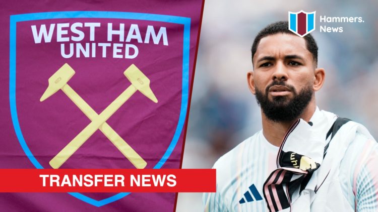Split image showing the West Ham badge and Juventus midfielder Douglas Luiz