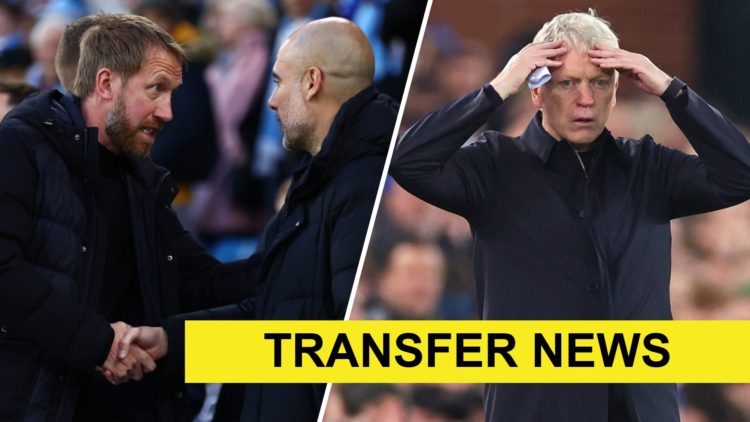 West Ham head coach Graham Potter shakes hands with Man City boss Pep Guardiola and Everton manager David Moyes looks in disbelief
