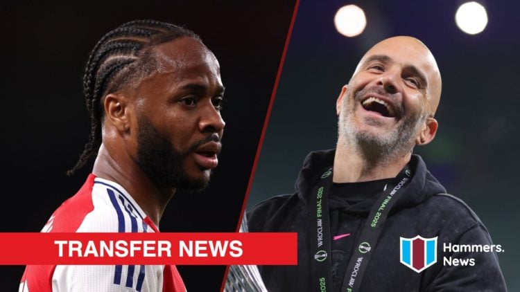 Split image showing Raheem Sterling on loan at Arsenal and Chelsea coach Enzo Maresca