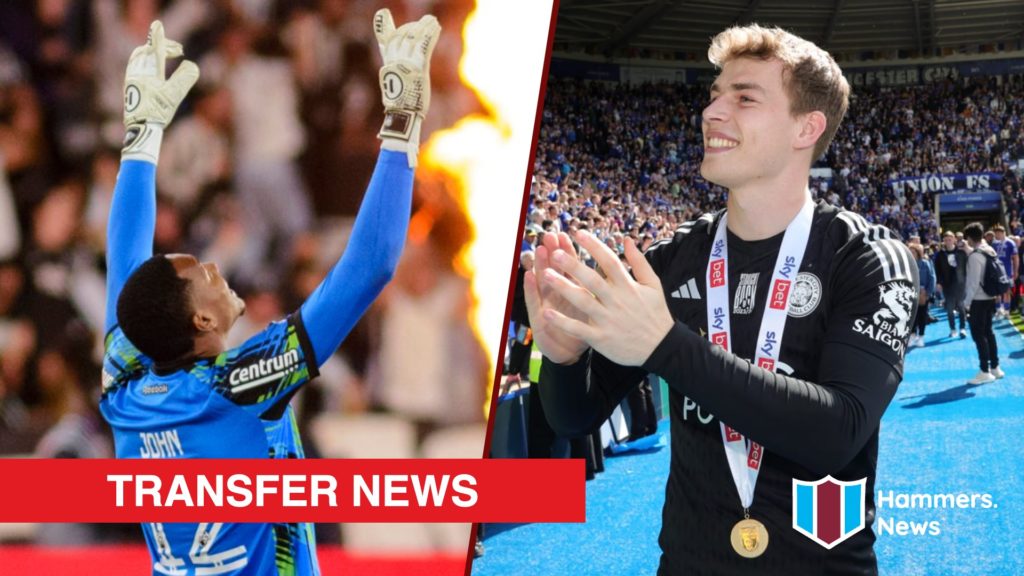 Split image showing Botafogo goalkeeper John Victor and Leicester City ace Mads Hermansen