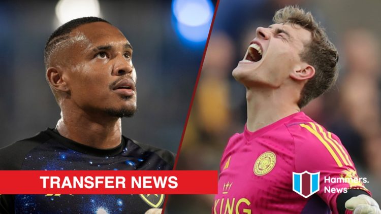 Split image showing Botafogo goalkeeper John Victor and West Ham United-bound Leicester star Mads Hermansen