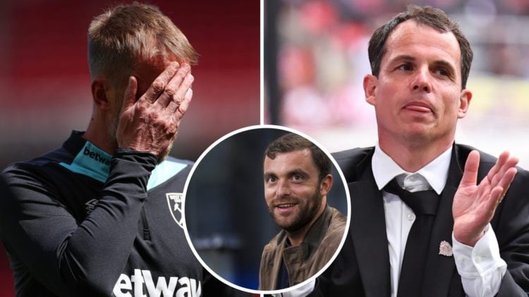 West Ham head coach Graham Potter looks dejected while Regis Le Bris is all smiles. Inset, transfer reporter Fabrizio Romano