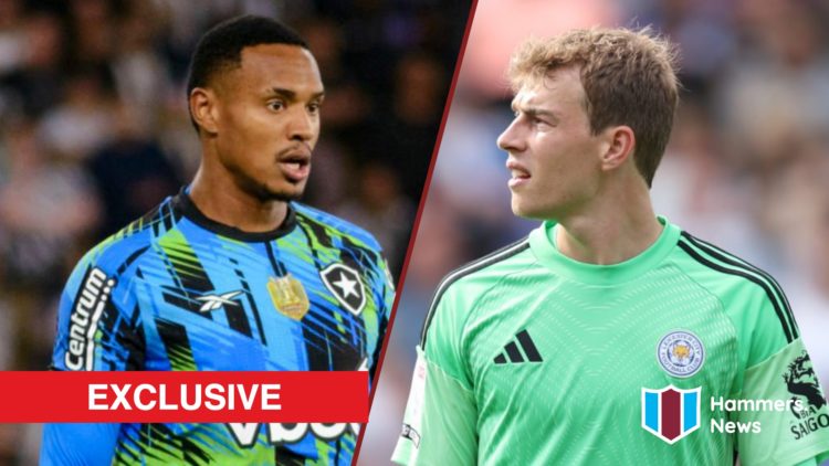 Split image showing Botafogo goalkeeper John Victor and Leicester City's West Ham United-bound star Mads Hermansen