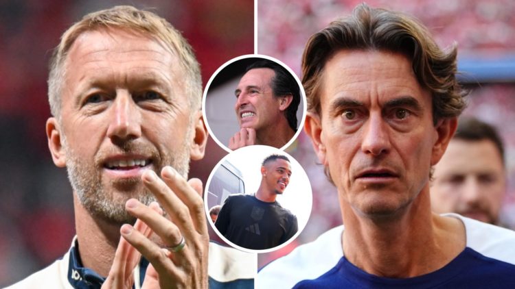 West Ham head coach Graham Potter and Spurs boss Thomas Frank. Inset, Aston Villa manager Unai Emery and midfielder Jacob Ramsey