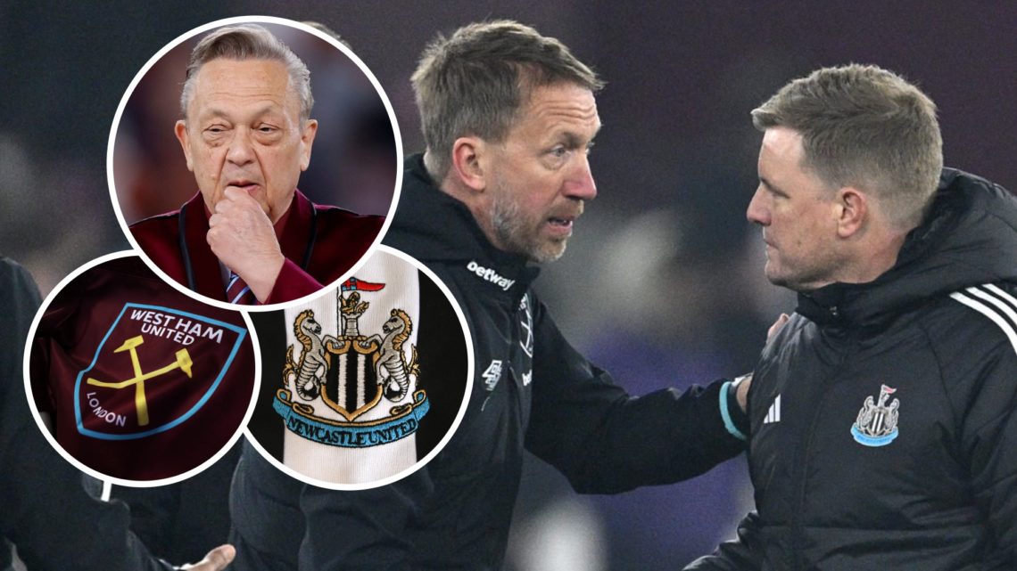 West Ham head coach Graham Potter shares a handshake with Newcastle manager Eddie Howe. Inset, Hammers chief David Sullivan and the West Ham and Ne...