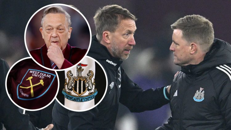 West Ham head coach Graham Potter shares a handshake with Newcastle manager Eddie Howe. Inset, Hammers chief David Sullivan and the West Ham and Ne...