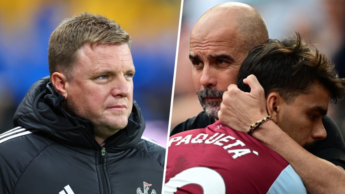 Newcastle boss Eddie Howe watches on from the sidelines and West Ham midfielder Lucas Paqueta is hugged by Man City boss Pep Guardiola