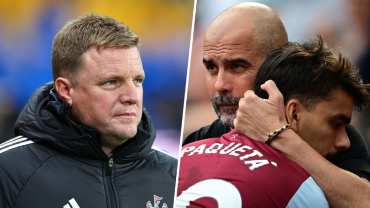 Newcastle boss Eddie Howe watches on from the sidelines and West Ham midfielder Lucas Paqueta is hugged by Man City boss Pep Guardiola